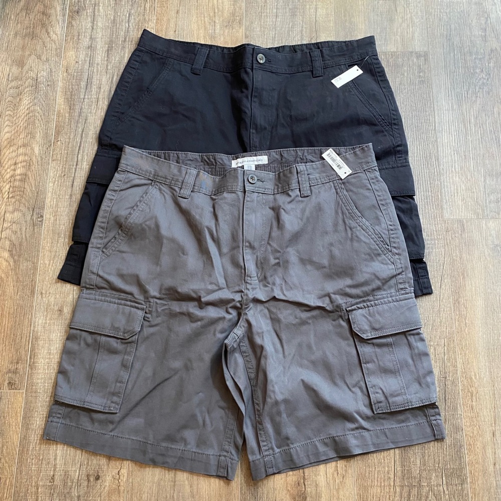 Amazon Essentials Mens 38 Cargo Shorts Bundle 2 Pack Black Grey Cotton New